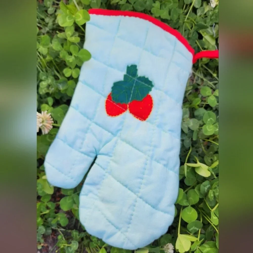 Hand Stitched Strawberry Oven Mitt‎ - Blue and Red Sweet Cottagecore
